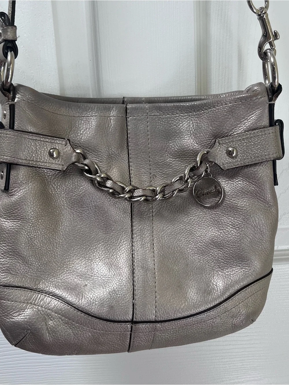 Coach Convertible Chain Duffle Crossbody Bag Silver Pebble Leather Y2K